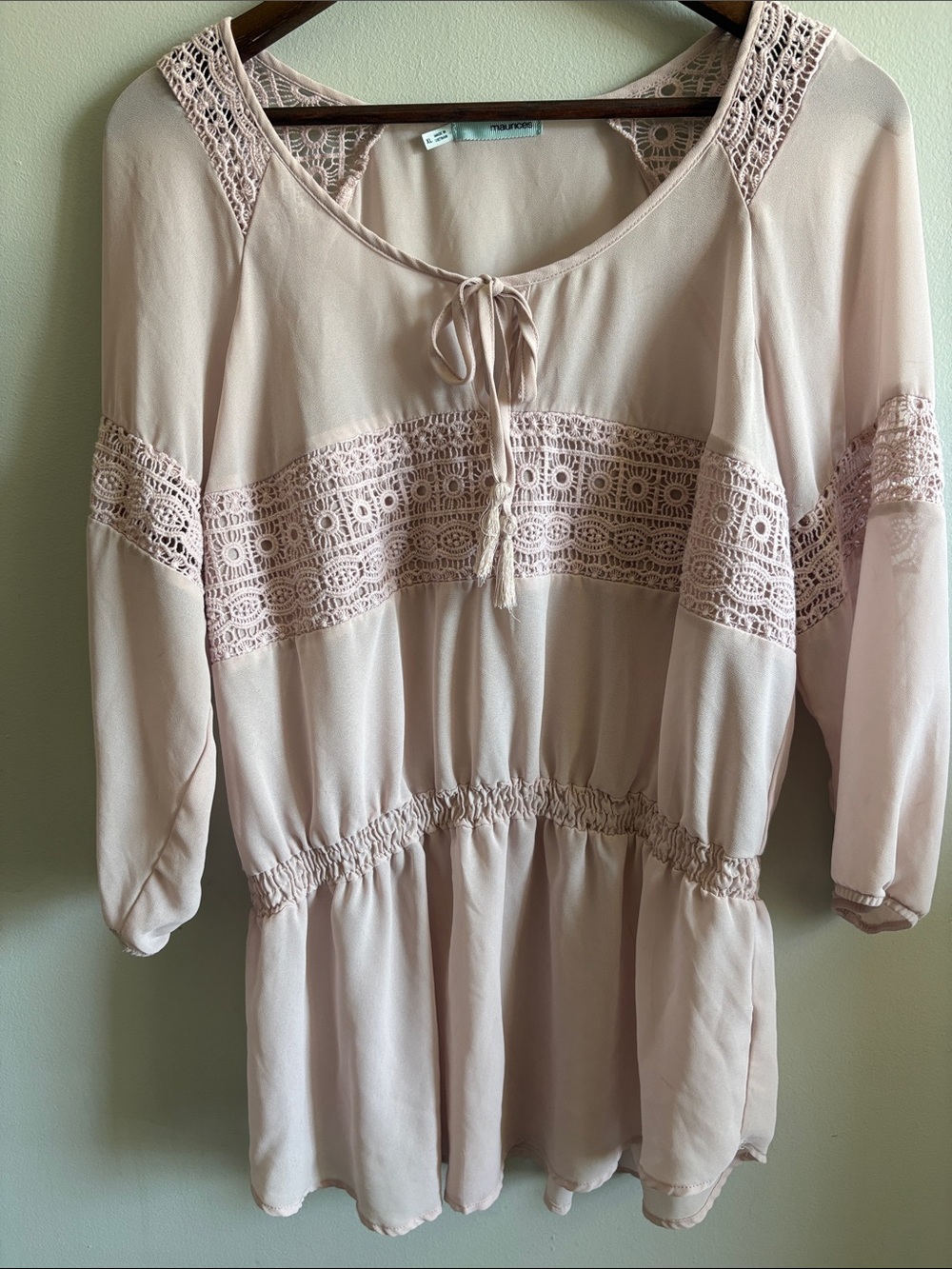 Maurices Blush Lace Trim Peasant Tunic Boho‎ Tie Front Top XL